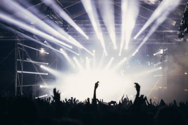 Sahne ışıkları ve bir müzik festivalinde elleri havada seyirci kalabalığı. Taraftarlar parti havasını seviyor.