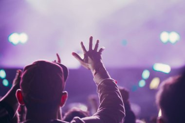 Sahne ışıkları ve bir müzik festivalinde elleri havada seyirci kalabalığı. Taraftarlar parti havasını seviyor.