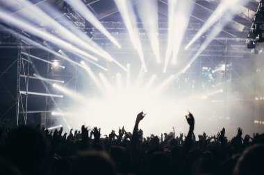 Sahne ışıkları ve bir müzik festivalinde elleri havada seyirci kalabalığı. Taraftarlar parti havasını seviyor.