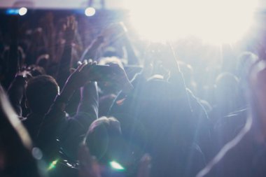 Sahne ışıkları ve bir müzik festivalinde elleri havada seyirci kalabalığı. Taraftarlar parti havasını seviyor.