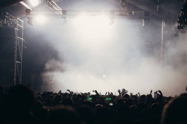 Sahne ışıkları ve bir müzik festivalinde elleri havada seyirci kalabalığı. Taraftarlar parti havasını seviyor.