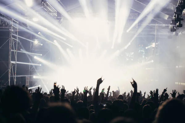 ステージライトや音楽祭で手を挙げて観客の群衆 パーティーの振動を楽しむファン — ストック写真