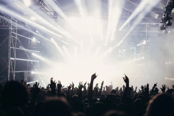 Sahne ışıkları ve bir müzik festivalinde elleri havada seyirci kalabalığı. Taraftarlar parti havasını seviyor.