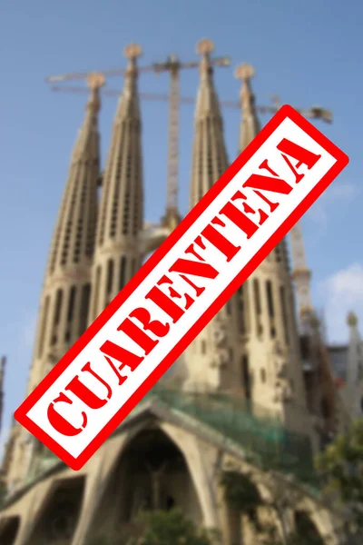 Barcelona, Spain is under quarantine due to Coronavirus outbreak. Representative image of landmarks from Barcelona with the Quarantine warning sign.