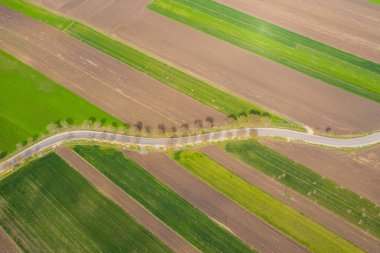 Baharda boş tarım alanlarının insansız hava aracı görünümü.