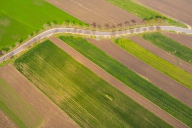 Baharda boş tarım alanlarının insansız hava aracı görünümü.