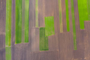 Baharda boş tarım alanlarının insansız hava aracı görünümü.