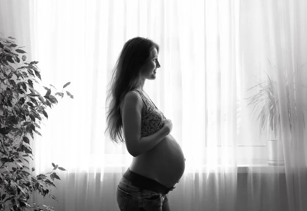 Pregnant Woman Standing Window Black White Photo — ストック写真