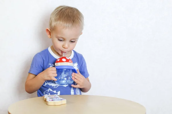 Peuter Jongen Drinken Van Zijn Drinker Met Een Rietje Zitten — Stockfoto