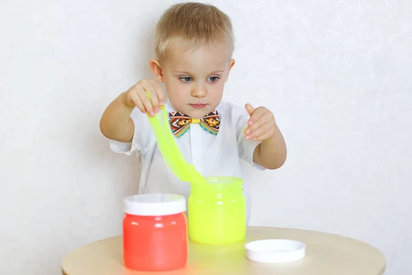 Little Boy Playing Slime Play Table Great Activity Develop Fine — Stock Photo, Image