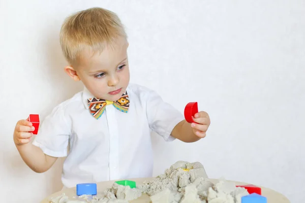 Cute Blonde Toddler Playing Kinetic Sand Great Educational Activity Develop — Stock Photo, Image