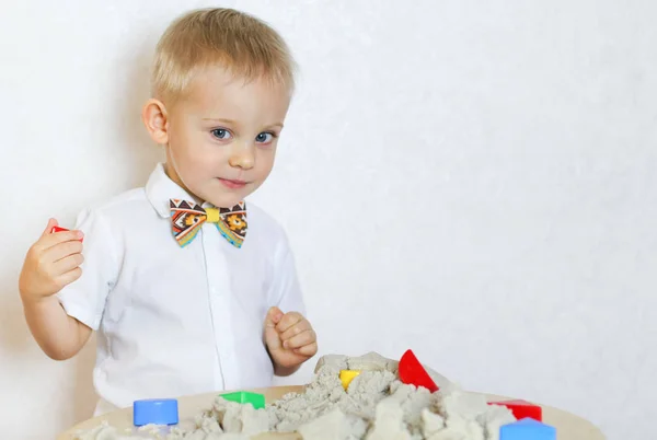 Cute Blonde Toddler Playing Kinetic Sand Great Educational Activity Develop — Stock Photo, Image