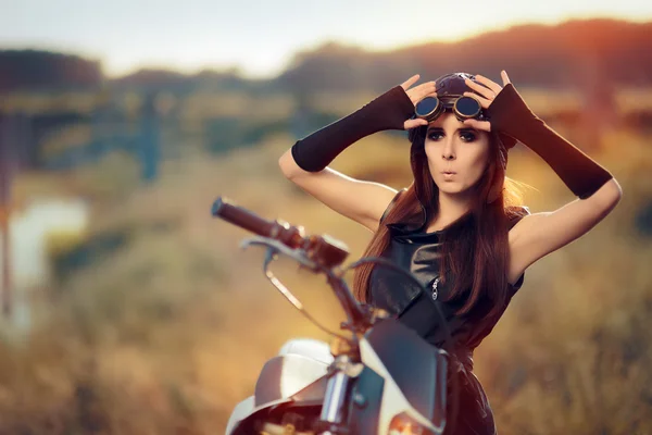 Surprised Steampunk Woman Next to Her Motorcycle — Stock Photo, Image