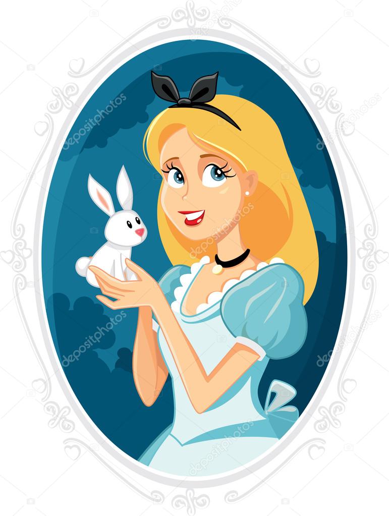 Alice in Wonderland with Little White Rabbit Vector Illustration