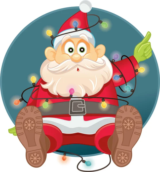 Funny Santa enredado en las luces de Navidad Vector — Vector de stock