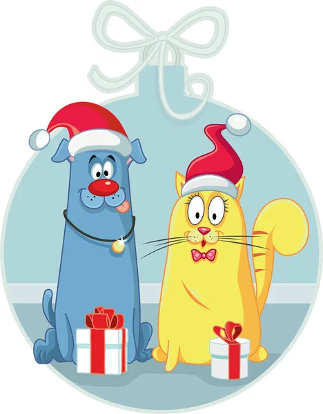 Gato y perro con regalos de Navidad Vector de dibujos animados — Archivo Imágenes Vectoriales