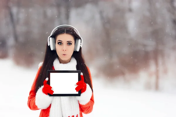 Funny Girl with Headphones Holding Tablet Pc — Stock Photo, Image