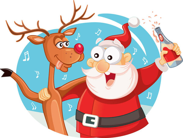 Санта-Клаус и его олени пьют и празднуют Рождество

