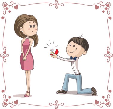 Boyfriend and Girlfriend Getting Engaged Cartoon Illustration clipart