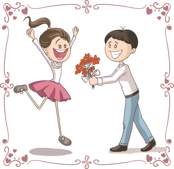 Ο άνθρωπος φέρνει λουλούδια να ντροπαλός γυναίκα διάνυσμα κινουμένων σχεδίων — Διανυσματικό Αρχείο