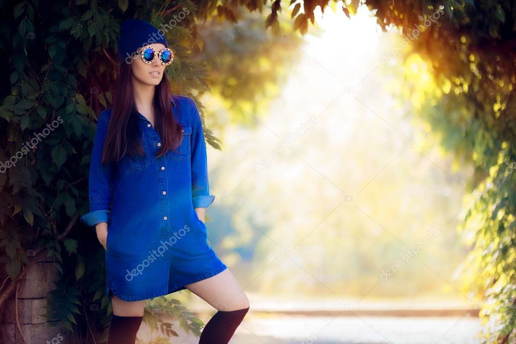 Street Style Fashion Girl Wearing a Blue Denim Romper