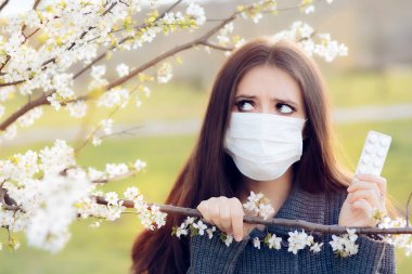 Woman with Respirator Mask Fighting Spring Allergies Outdoor clipart