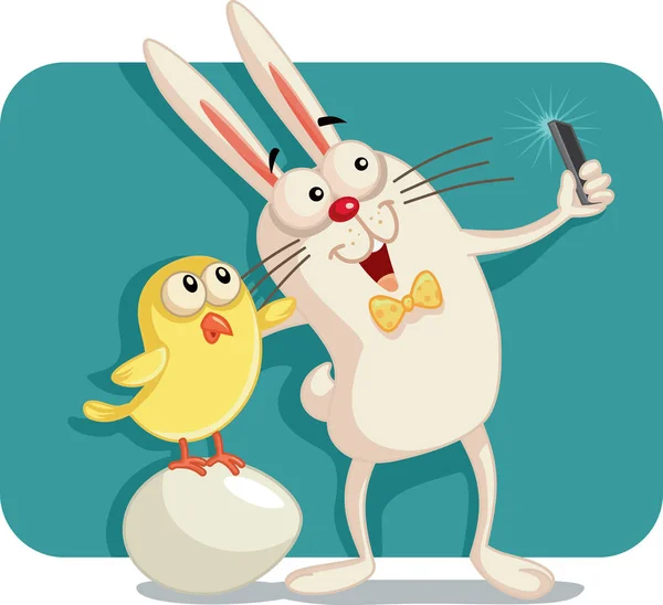 Happy Easter Bunny and Chick Taking a Selfie Together — Stock Vector