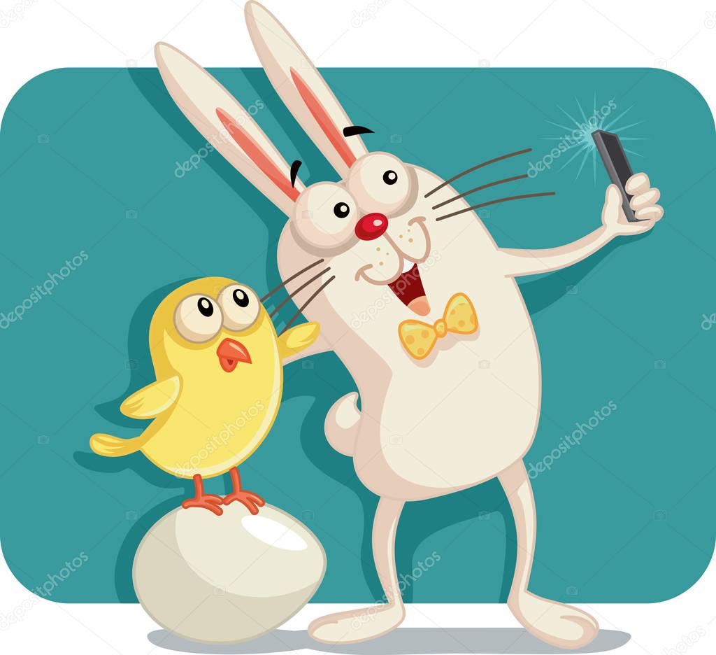 Happy Easter Bunny and Chick Taking a Selfie Together