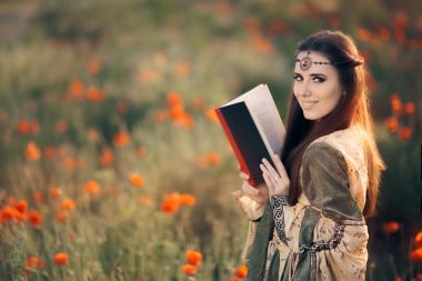 Medieval Reading a Book in a Magical Field of Poppies clipart