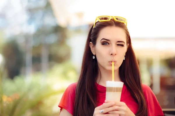 Cool Girl Winking and Sipping Summer Coffee Drink — Stok Foto