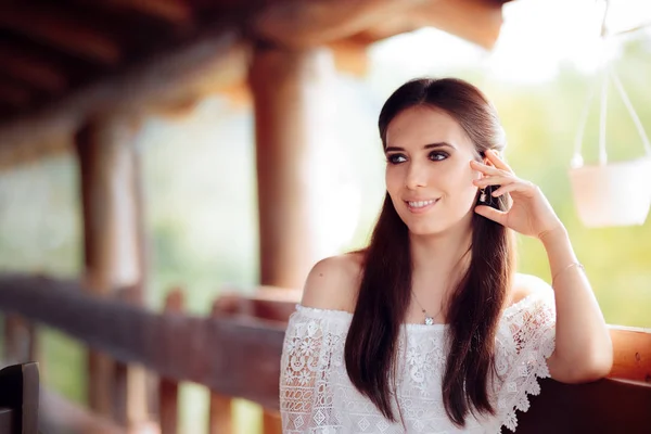 Portrait of a Smiling Woman Wearing White Lace Top — Stock Photo, Image
