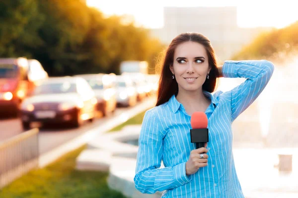 Female News Reporter on Field in Traffic — Stock Photo, Image