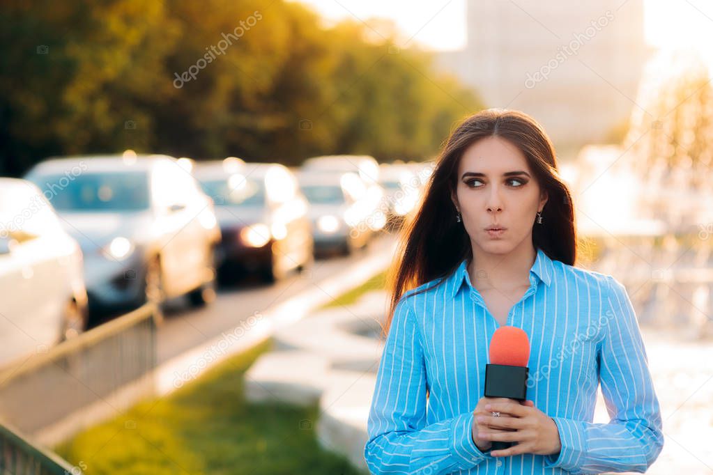Surprised Female Reporter on Field in Traffic 