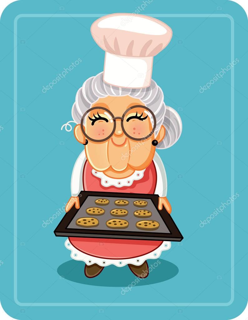 Vector  illustration a cute granny with a tray of sweets