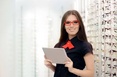 Woman with PC Tablet in Medical Optic Shop clipart