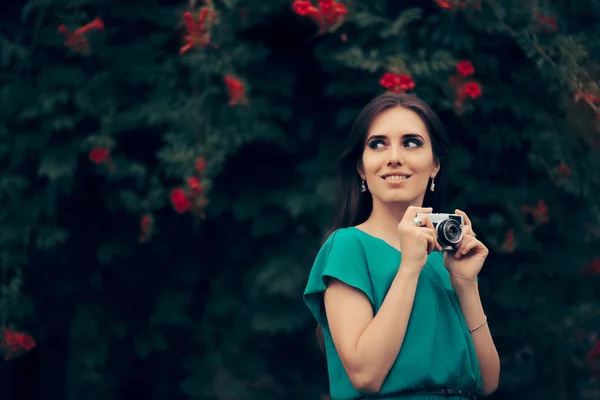 Happy Woman with Vintage Camera at a Garden Party Event — Stock Photo, Image