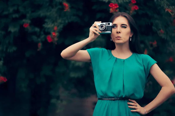 Funny Woman with Vintage Camera at a Garden Party Event — Stock Photo, Image