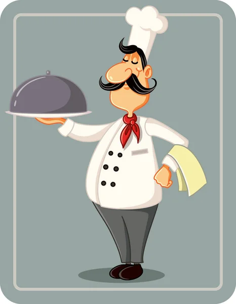 Cartoon Chef Holding a Silver Platter Vector Illustration — Stock Vector