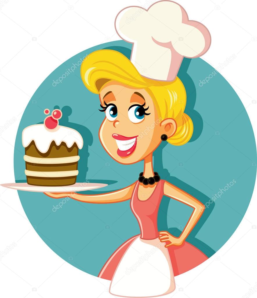 Cartoon woman cook making a perfect confectionery dish