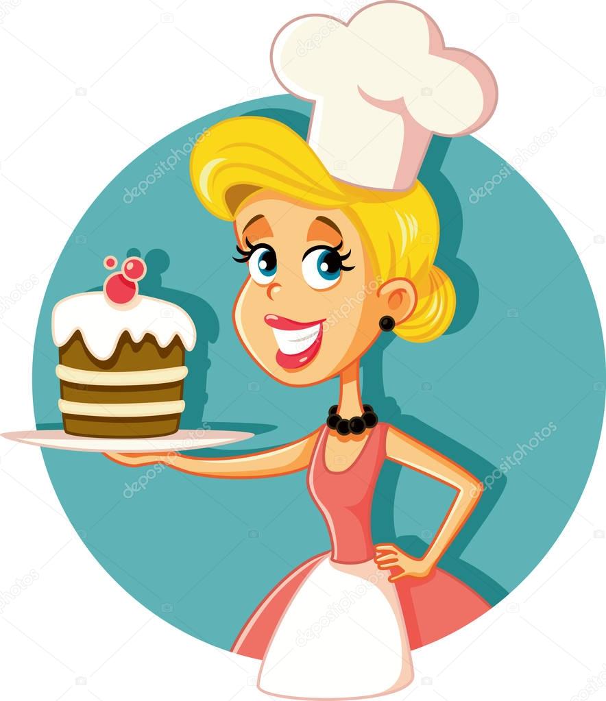 Female Pastry Chef Baking a Cake Vector Illustration