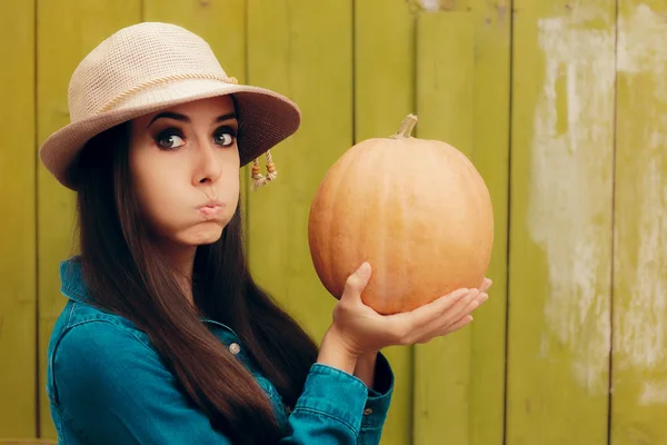 Funny Autumn Woman Holding Pumpkin — Stock Photo, Image