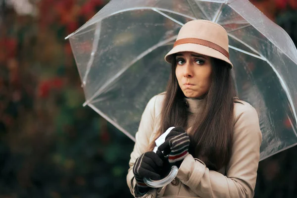 Sick Woman Holding  Umbrella in Autumn Rain Suffering from Allergies — Stock Photo, Image