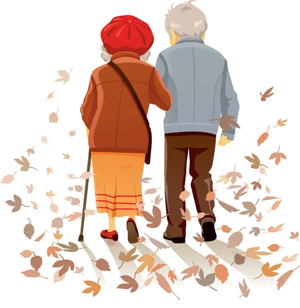 Pareja mayor en hojas de otoño — Vector de stock