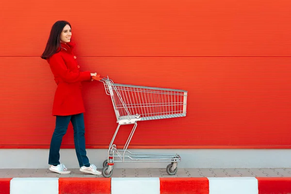 Woman with Cart Ready for Shopping Spree on Sale Season — Stok Foto