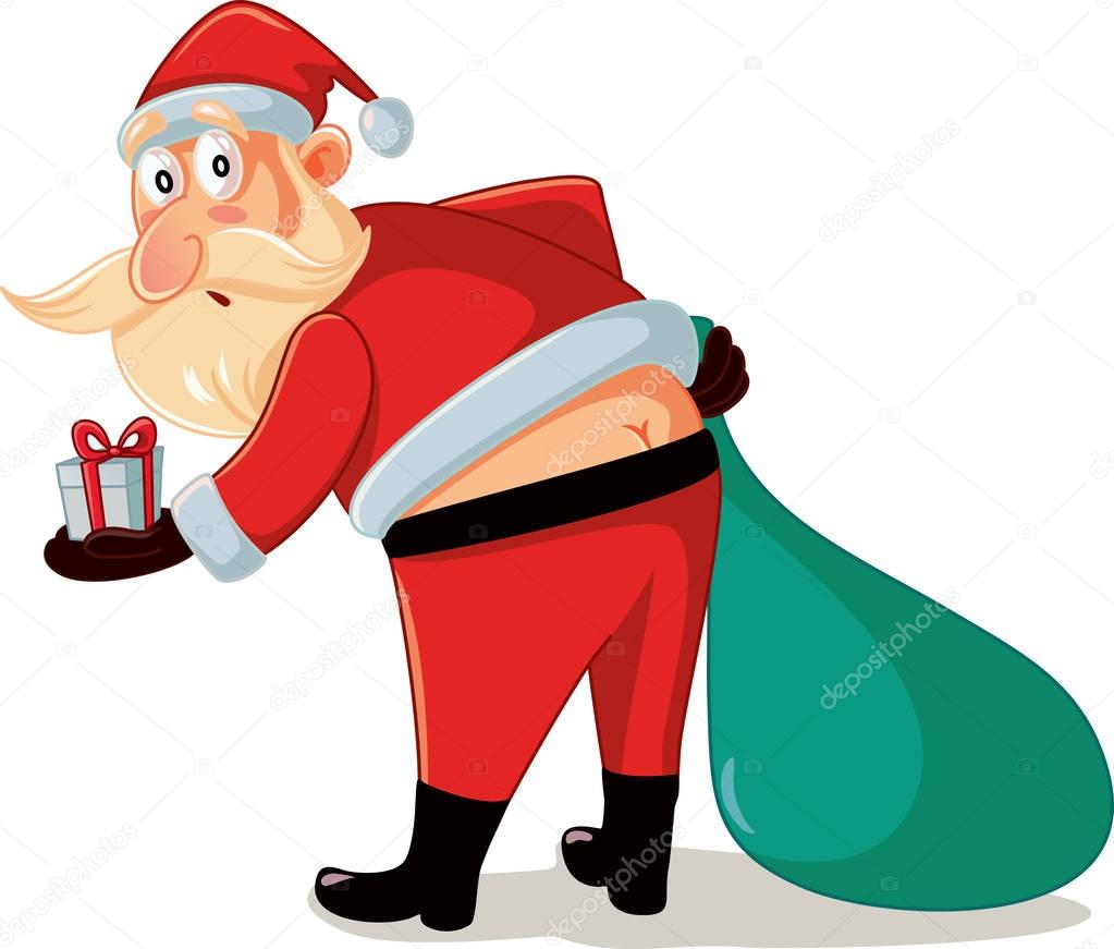 Funny Santa in Embarrassing Moment with Christmas Gifts Cartoon