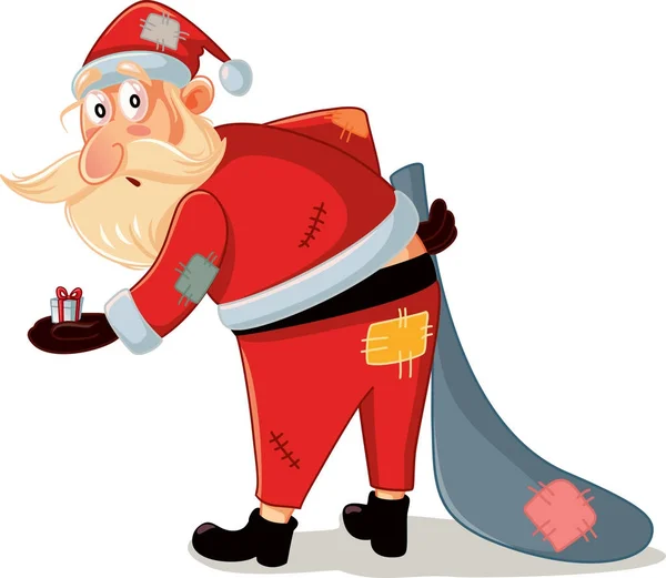 Zavallı Santa düzensiz kostüm ve küçük hediye vektör çizgi film — Stok Vektör