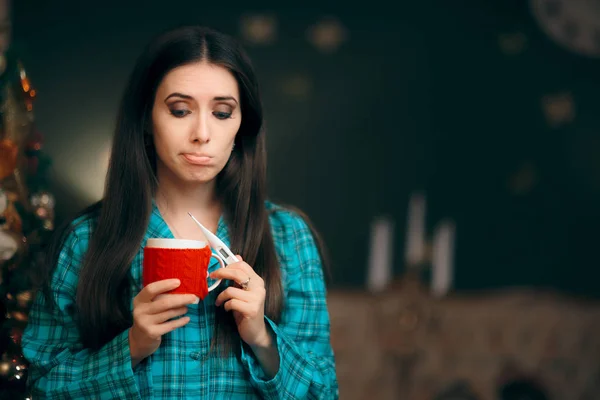 Sad Sick Girl Thermometer Christmas Holiday Drinking Tea — Stock Photo, Image