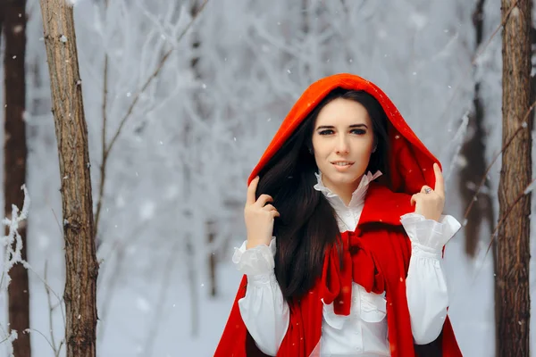 Beautiful Red Riding Hood Princess Magic Winter Forest — Stock Photo, Image