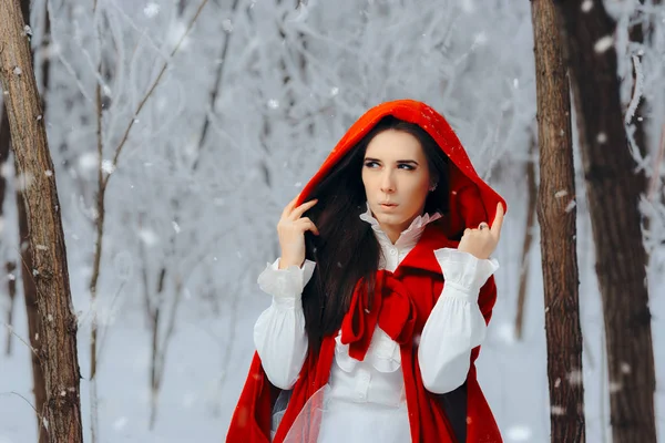 Surprised Red Riding Hood Princess Winter Forest — Stock Photo, Image