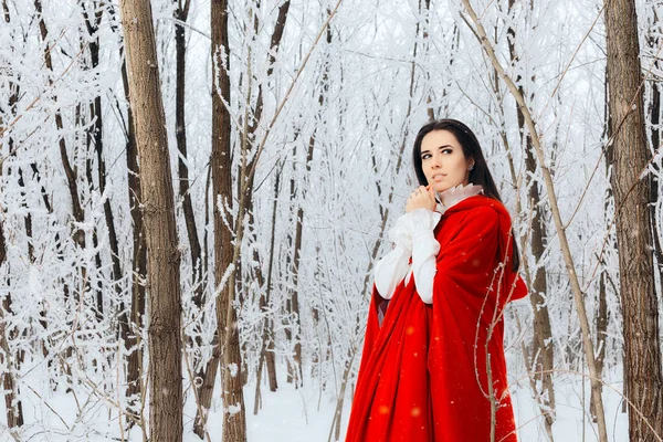 Bella Principessa Cappuccetto Rosso Nella Magica Foresta Invernale — Foto Stock